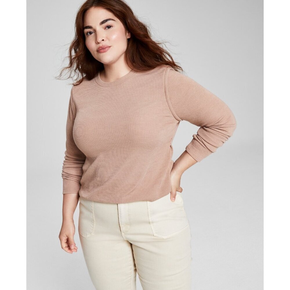 And Now This Womens Trendy Plus Size 1X Ribbed Crewneck Top in Almond Tan 1346‎